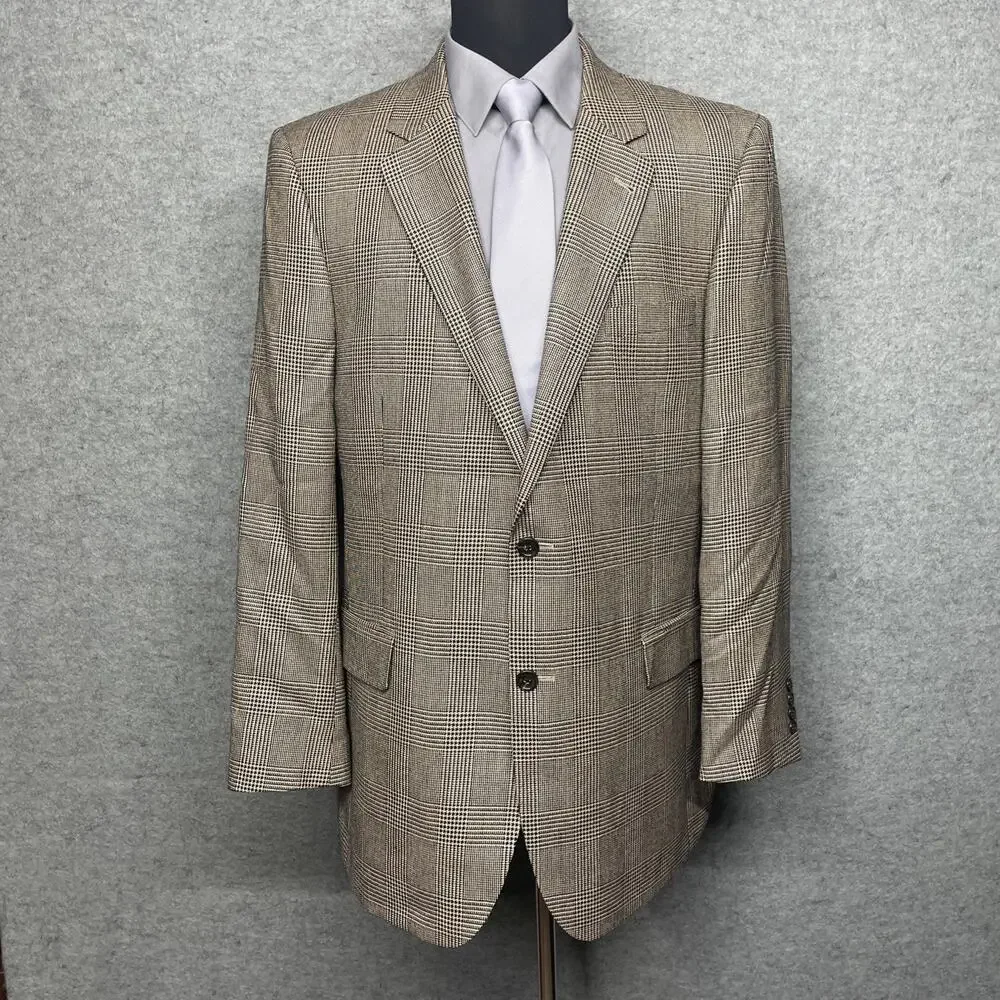 Jos A Bank Signature Silk Camel Hair Blazer Mens 44L Brown Tan Plaid Sport Coat